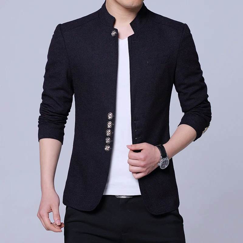 2023 Men Fashion Stand Collar Slim Fit Chinese High Quality Blends Suit Jacket / Male Casual Trend Large Size Wool Blazer Coat