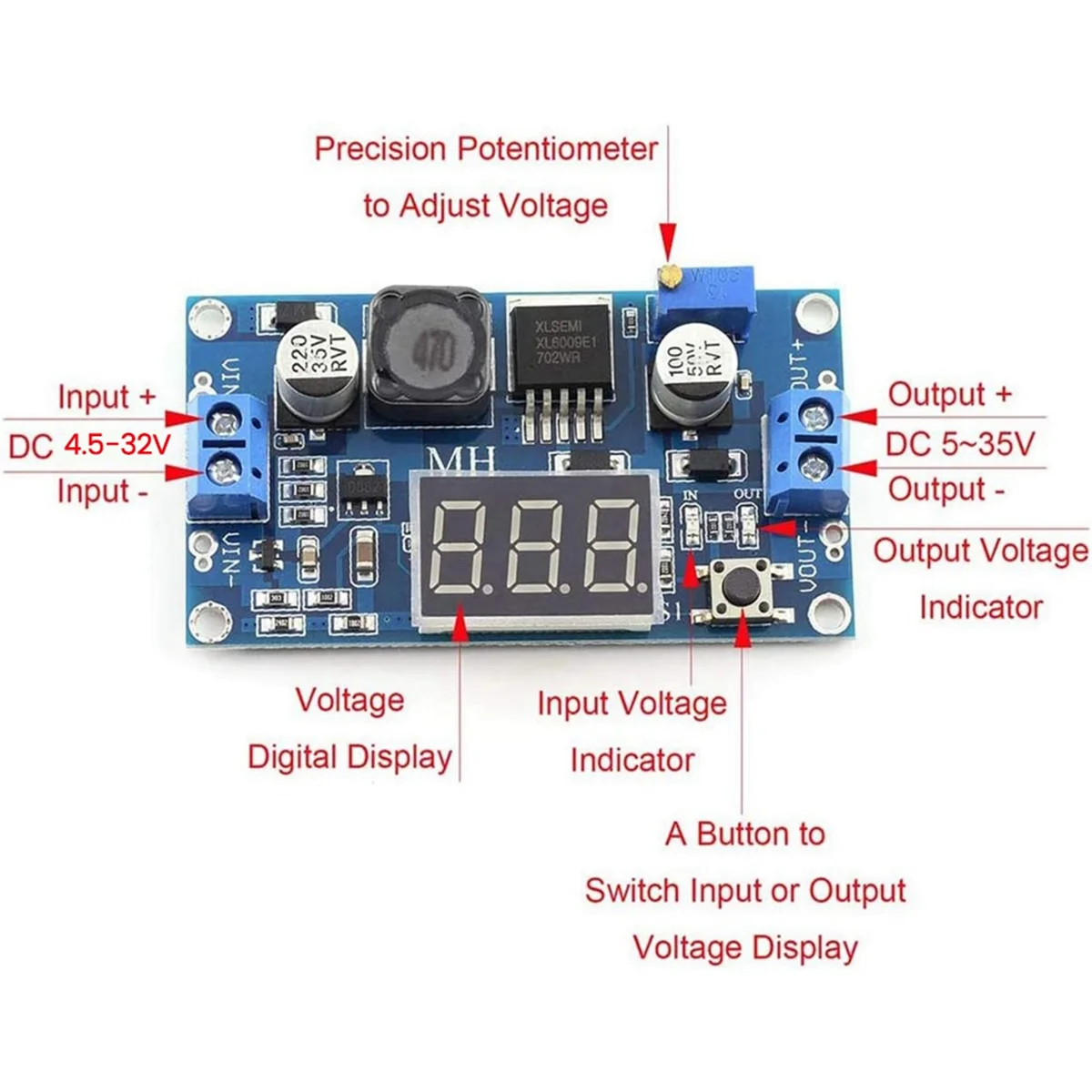

ABBH-2Pcs XL6009 DC-DC Booster Module Регулируемый повышающий преобразователь Модуль DC-DC 4,5 В-32 В до 5 В-35 В 4A Step-Up