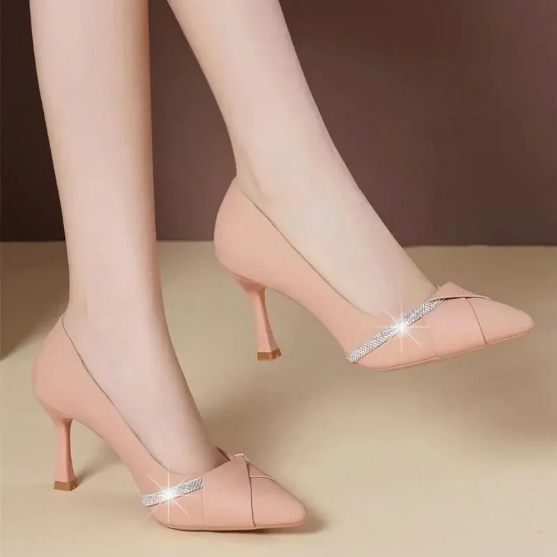 Women's Sexy High Heel Shoes Thin Heel Spring/autumn Season Party Etiquette Crystal Rhinestone Soft Leather Single Shoes Trendy