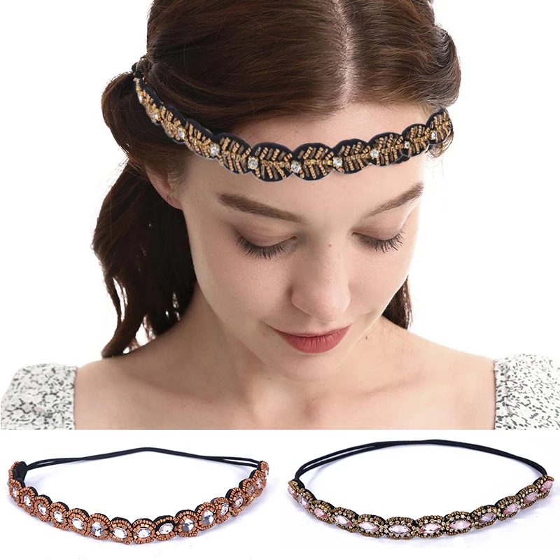 Ethnic Glass Beads Handmade Headband Pearl Rhinestone Customized Beaded Hairband Women Girls Hair Accessories Fashion DIY