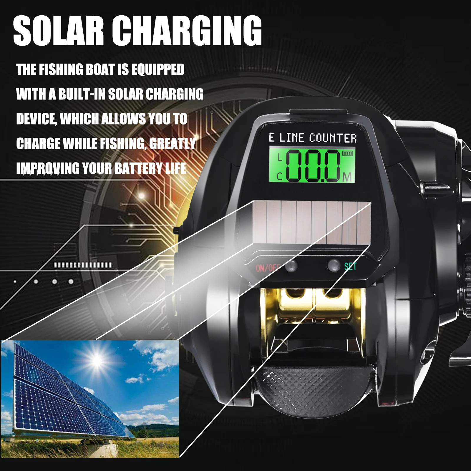 OUYALINE Solar Charging Electronic Baitcasting Led Screen And  Fishing Reel USB7.2:1 Saltwater Waterproof Cast Drum Wheel Cast