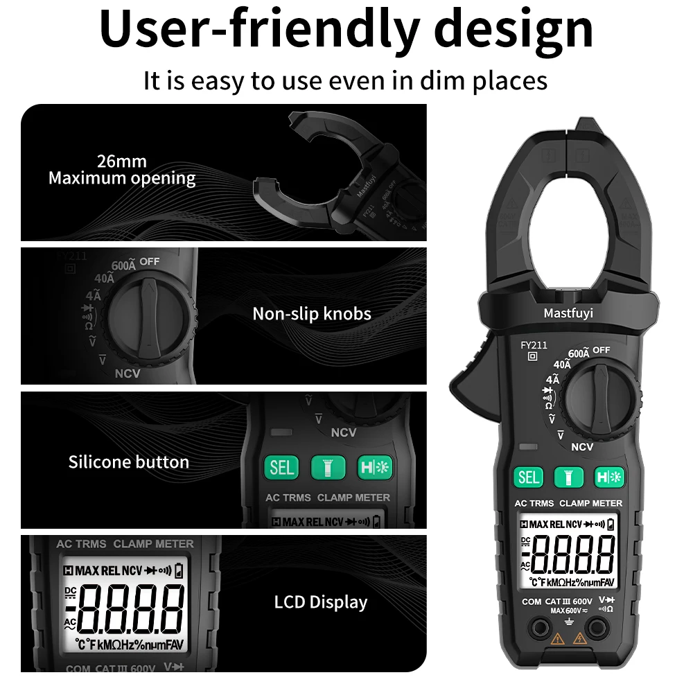 Imagem -05 - Mastfuyi-profissional Digital Clamp Meter True Rms dc ac Multímetro Tester Resistência Diodo Continuidade Ncv Test Tools