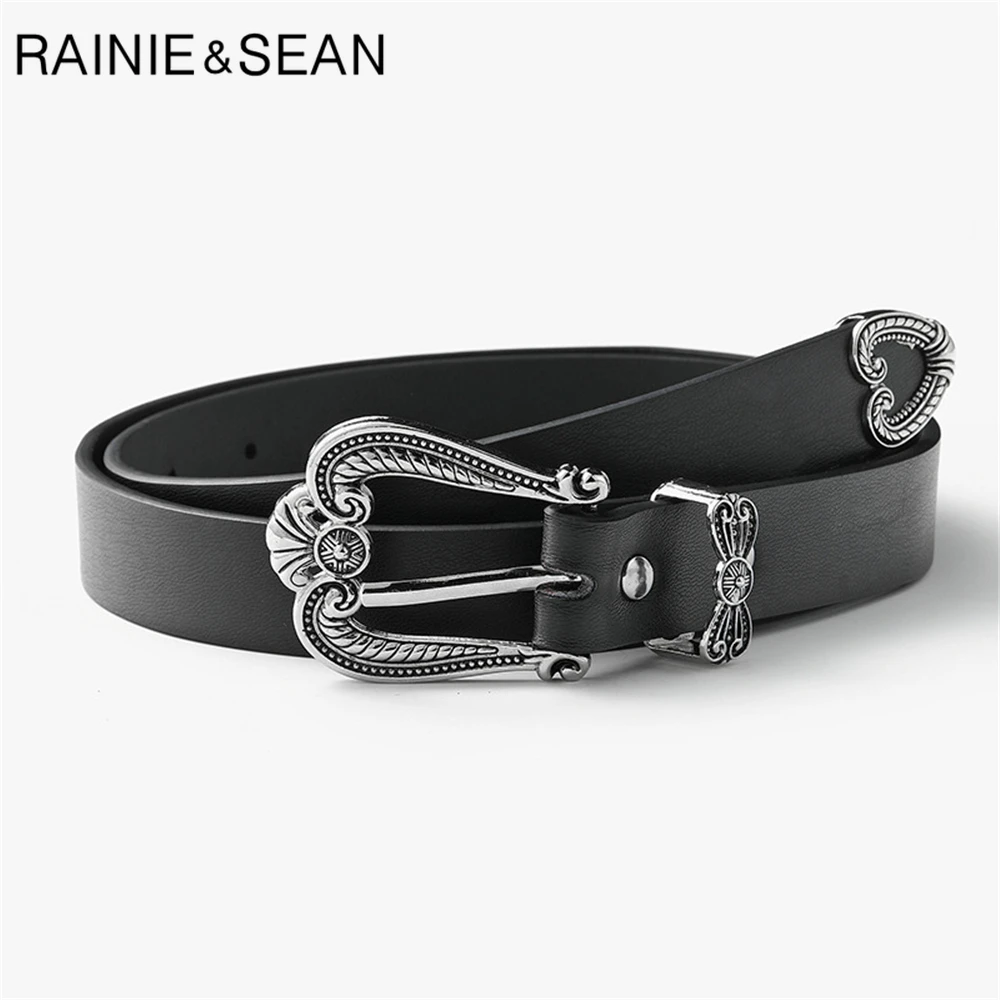 

RAINIE SEAN Brand New Design Punk Women Belt Black Chain Decoration Belt for Women Pin Buckle Pu Leather Ladies Waist Belt 108cm