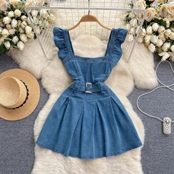 Women Preppy Style Jeans Dresses Sleeve  Square Collar Belt Slim Waist Denim A-line Mini Dress Vestidos Ruffle Clothing