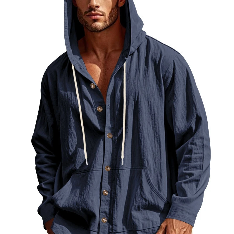 Men Linen Hooded Shirt Spring Autumn Button Down Long Sleeve Casual Beach Shirt American Style Loose Drawstring Hood Tops