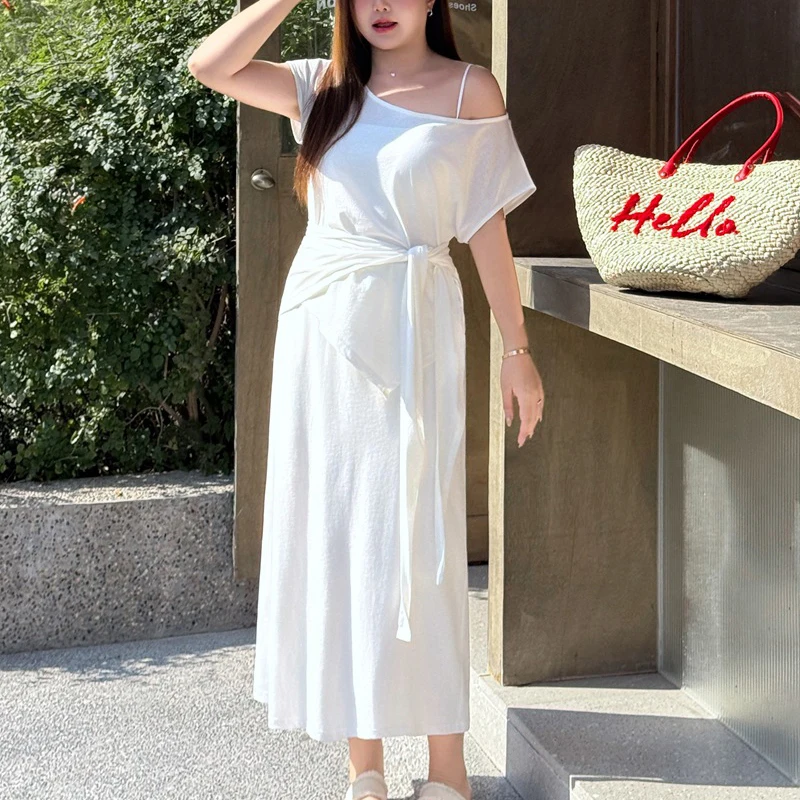 

XXXXL Fashion Clothing Plus Size Women's Sets Premium Thin off-the-shoulder T-Shirt, Shawl And A-Line Skirt Spring Summer 9480