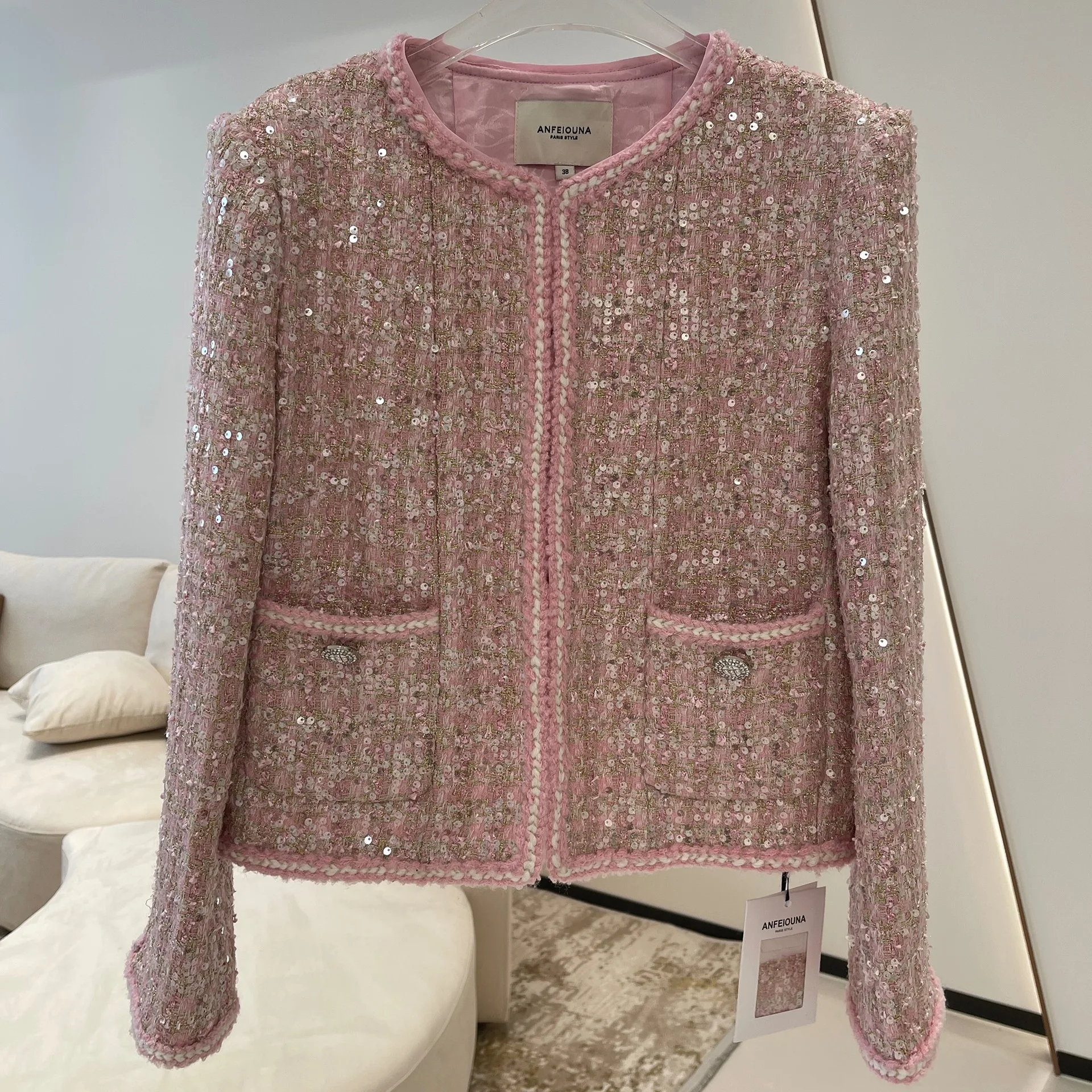 

French small fragrant sequins tweed pink round collar lace female coat high quality luxury niche designer brand old money style