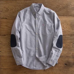 Plus Size 4XL 5XL 100% Cotton Oxford Shirt Men's Long Sleeve Japanese Retro Elbow Patchwork Patch Shirt Men's Trendy Brand Top X