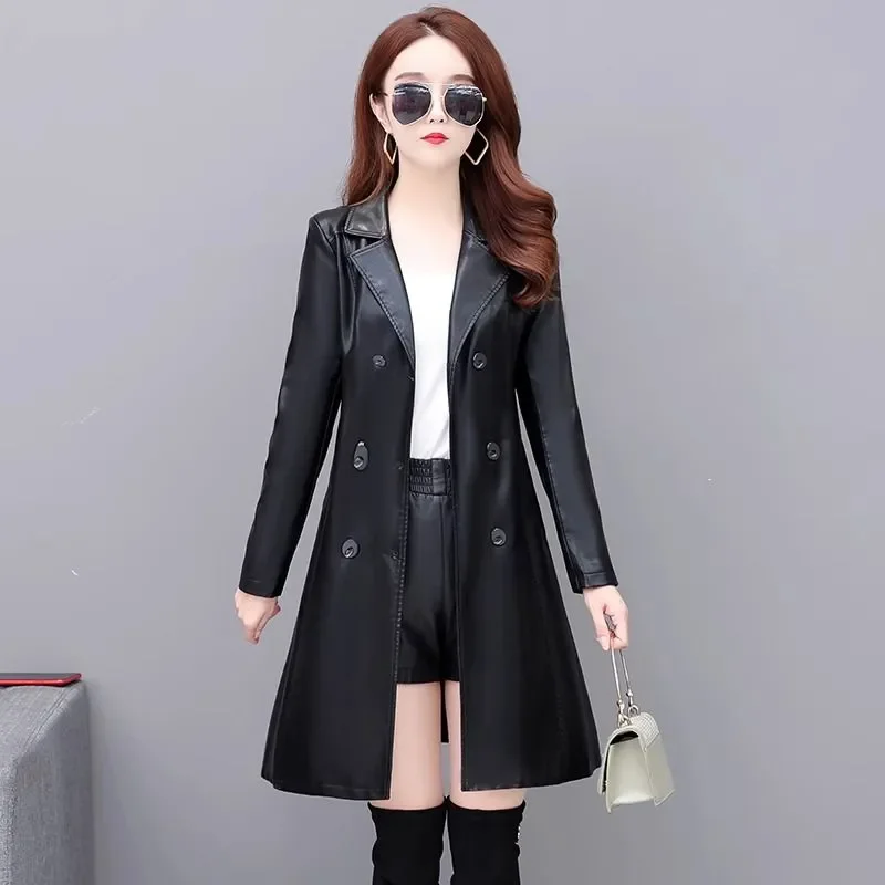 2024 Autumn Winter Chic Leather Jacket Women\'s Overcoat High-End Fashion Mid-Length Slim Korean Sheepskin Windbreakers Coat Tops