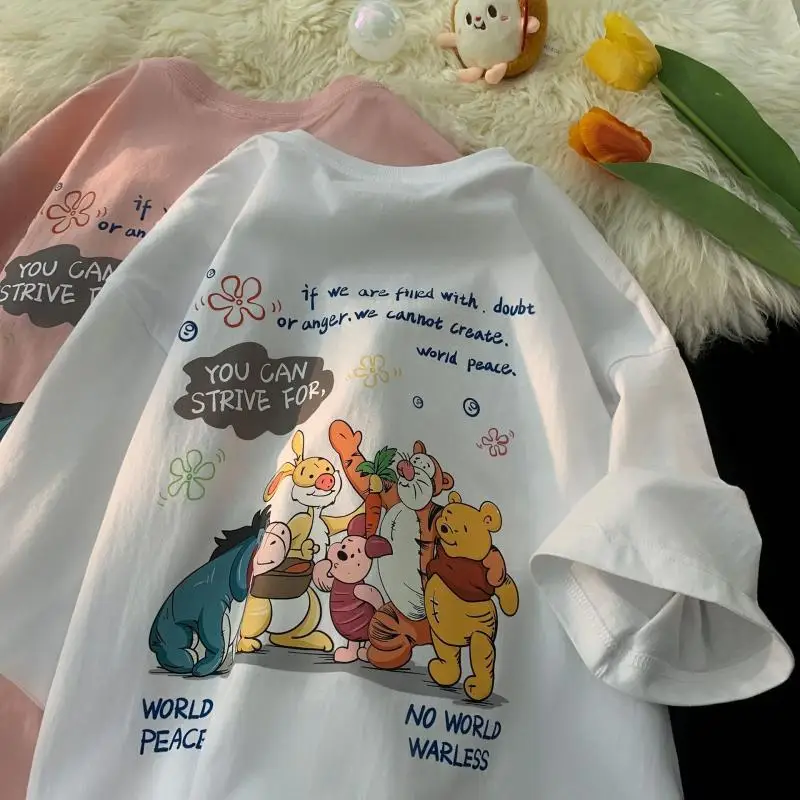 Kawaii Disney Pooh Bear Short-Sleeved T-Shirt 100% Cotton Summer Cartoon New Loose and Versatile Half-Sleeved Couple Style