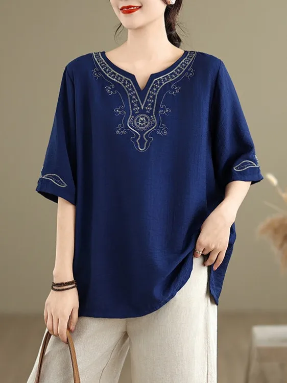プラスサイズの女性の綿麻刺繍半袖 Tシャツラウンドネックルーズ痩身トップ夏新着通勤スタイル