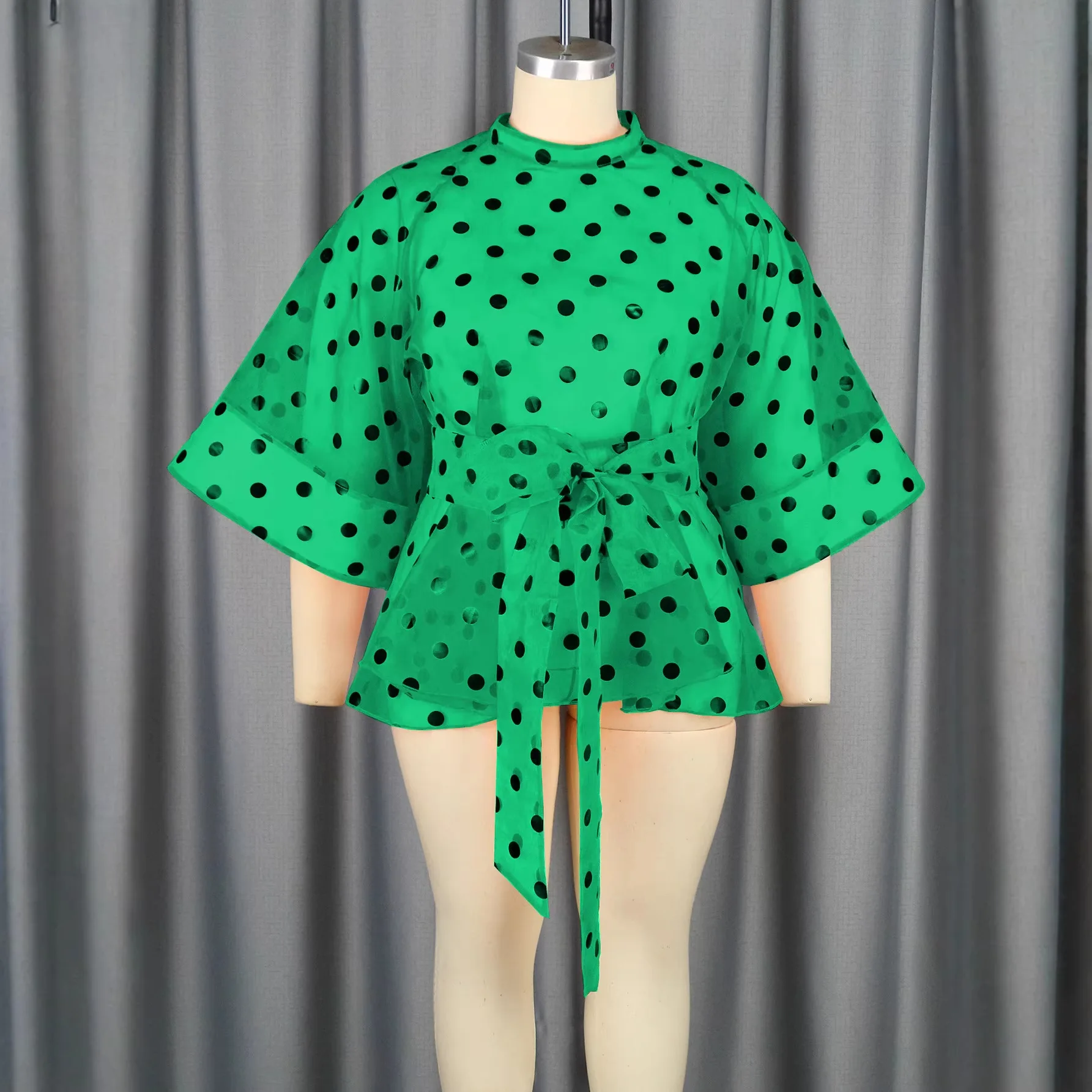 Plus-size Women's Polka-dot Sheer Organza Top, Slimming For Plus-size Ladies, With Tie-waist, Elegant For Commuting And Parties