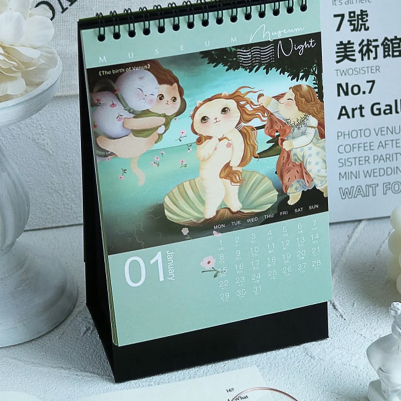 1 Piece Kitten 2024 Desk Calendar Museum Cat Night Creative Ins Decorative Calendar