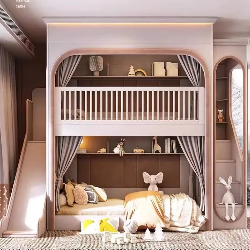Wood Kids Bunk Bed with Slide & Curtain, Castle‑Shaped Children Bunk Bed Built‑in Storage for Kids Bedroom Home Furniture