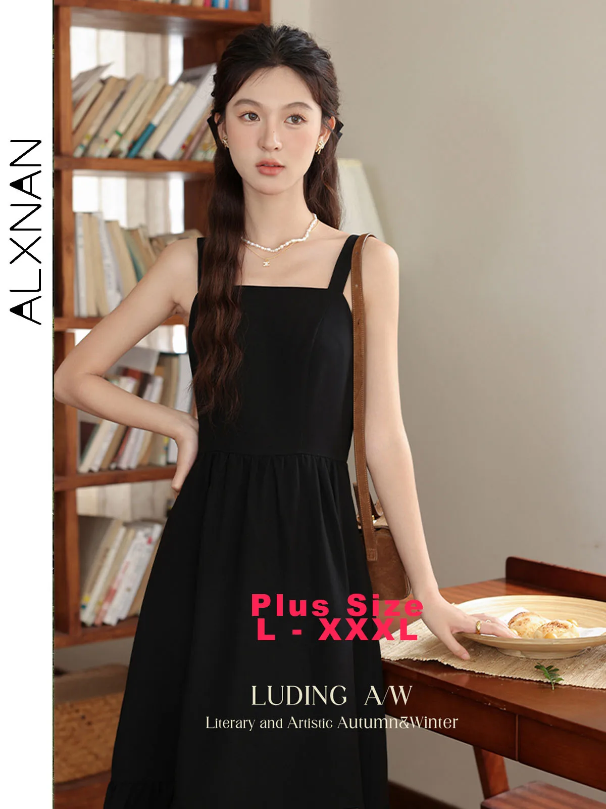 

ALXNAN Plus Size Black Sleeveless Dress 2025 Autumn Square Collar Long A-line Elegant Casual Dresses Sold Separately DM00103LYQ