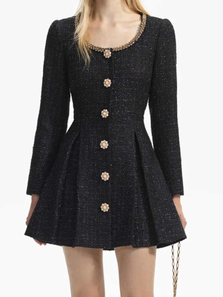 

2024 Early Spring Classic Black Diamond Beading Round Collar Long Sleeve Tweed Mini Dress