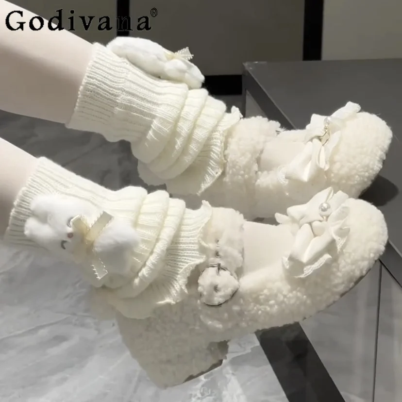 

Lolita Fleece-Lined Warm Fluffy Mary Jane Shoes 2025 New Sweet Cute Doll Style Girl Bow Round-Toe Thick Heel High Heels