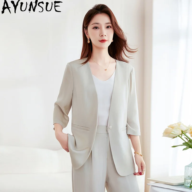 AYUNSUE 41.1% Mulberry Silk Womens Tops Half Sleeved Suit Jackets Loose Casual Tops for Women Autumn Clothing 2026 Tops De Mujer