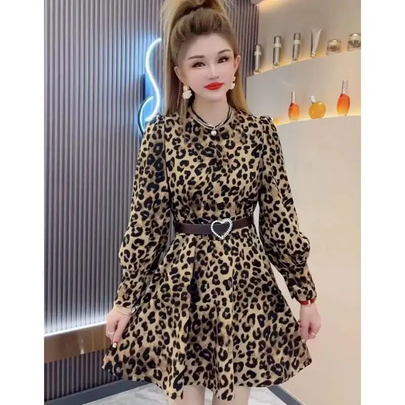 Early Spring New Internet Celebrity French Waist Cinching Leopard Print Dress with Stylish Splicing to Show Off Slim Dresses