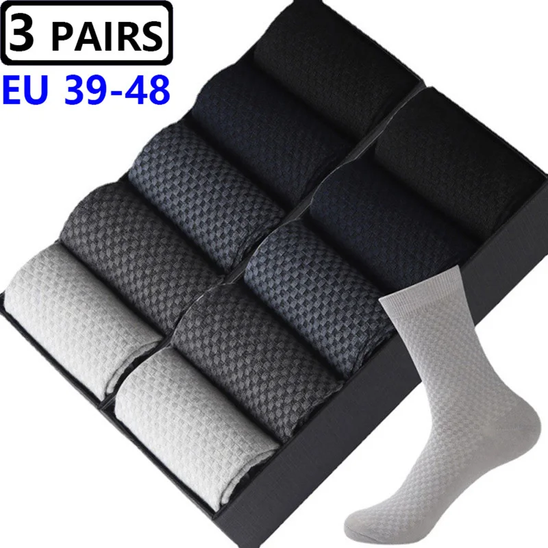 Mens 3 Pairs Bamboo Charcoal Fiber Deodorant Socks Large Size43-48 Spring Autumn Middle Tube Casual Business Sock Men Calcetines