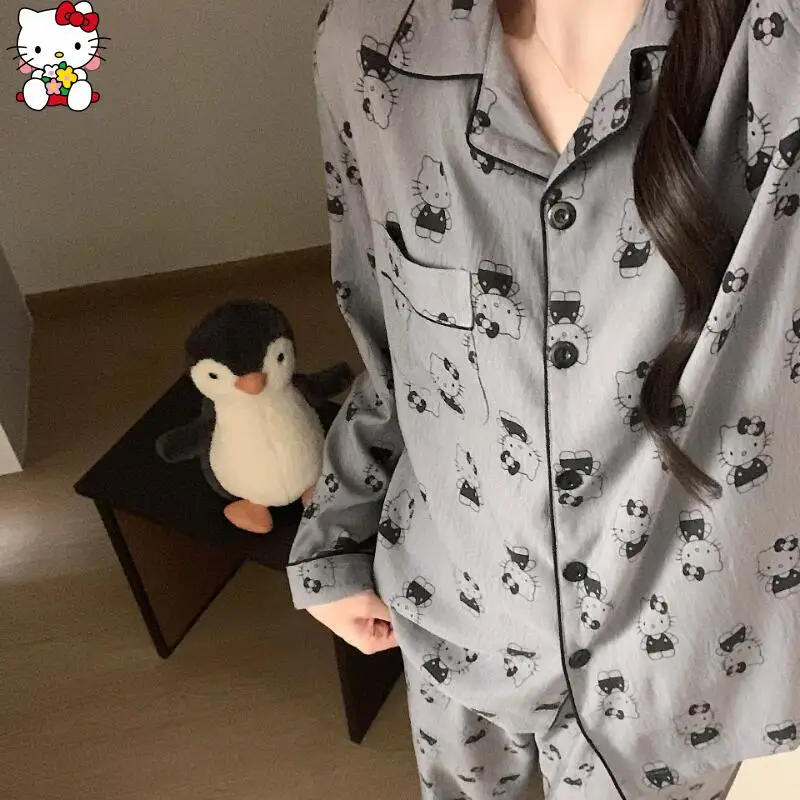Hot Anime Hello Kitty Damen-Pyjama, neues Cartoon-Bild, Kawaii, süßer Stil, Komfort, verdickt, warm, Heimkleidung, Teenager zu Hause