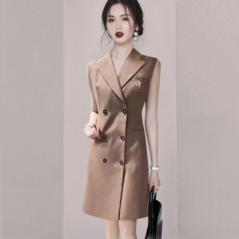 

Summer New Style Sleeveless Suit Dress Women's Midi Length High Waist Korean Version Button Embellished Slim Fit Gown