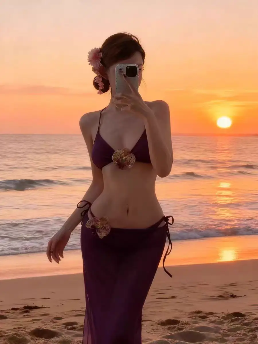 

Женский фиолетовый купальник-бикини с длинным рукавом, сексуальный, с эффектом пуш-ап для небольшой груди, для отпуска, пляжа, термозащитный, спортивный