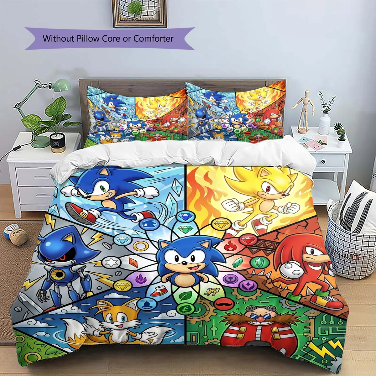Hedgehog Sonic Patterned Pillowcase & Duvet Cover Set Home Decoration Anime Themed Bedding Fan Gift Option.-TING