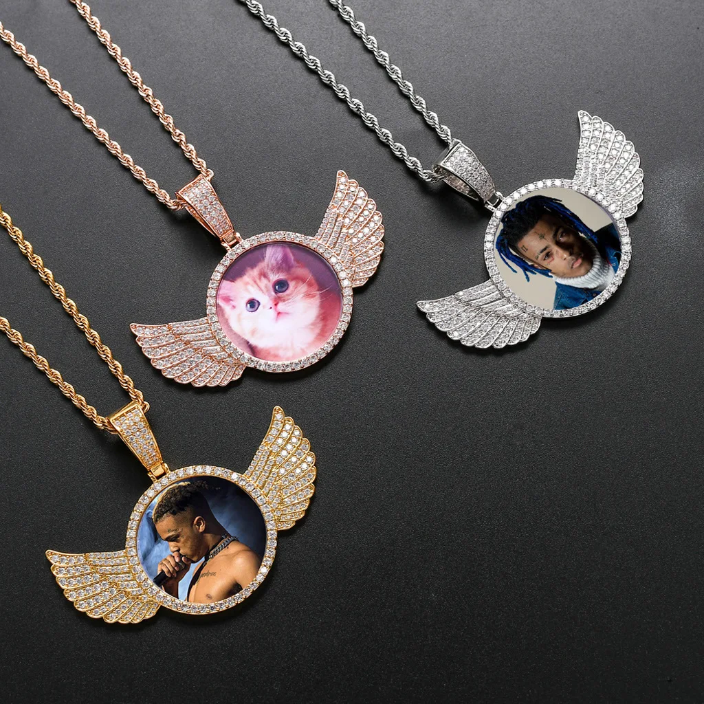 Round photo necklace, wing frame, copper product, full diamond couple pendant, hip-hop style