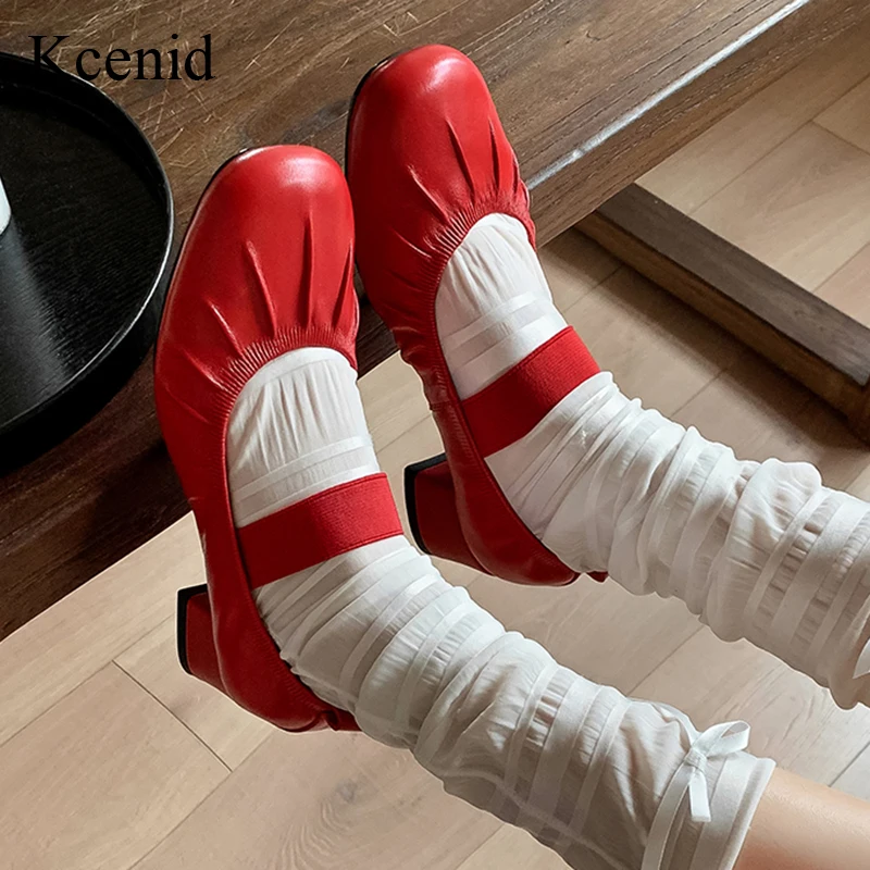 

Kcenid New Women's Square Toe Pumps Genuine Leather Soft Shoes Med Heel Mary Janes Red Black Pleated Design Spring Autumn