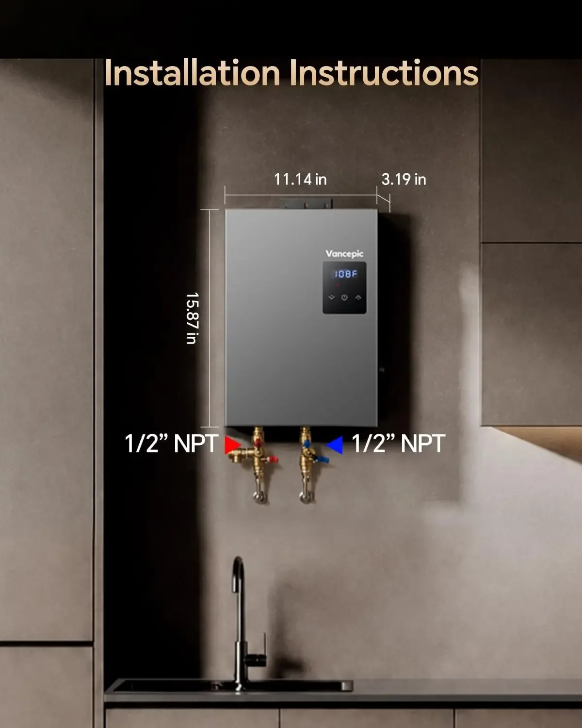 14kW Tankless Water Heater Electric 240V, Instant Hot Water On Demand, Self-Modulating Energy Saving, LED Display, Compact Space