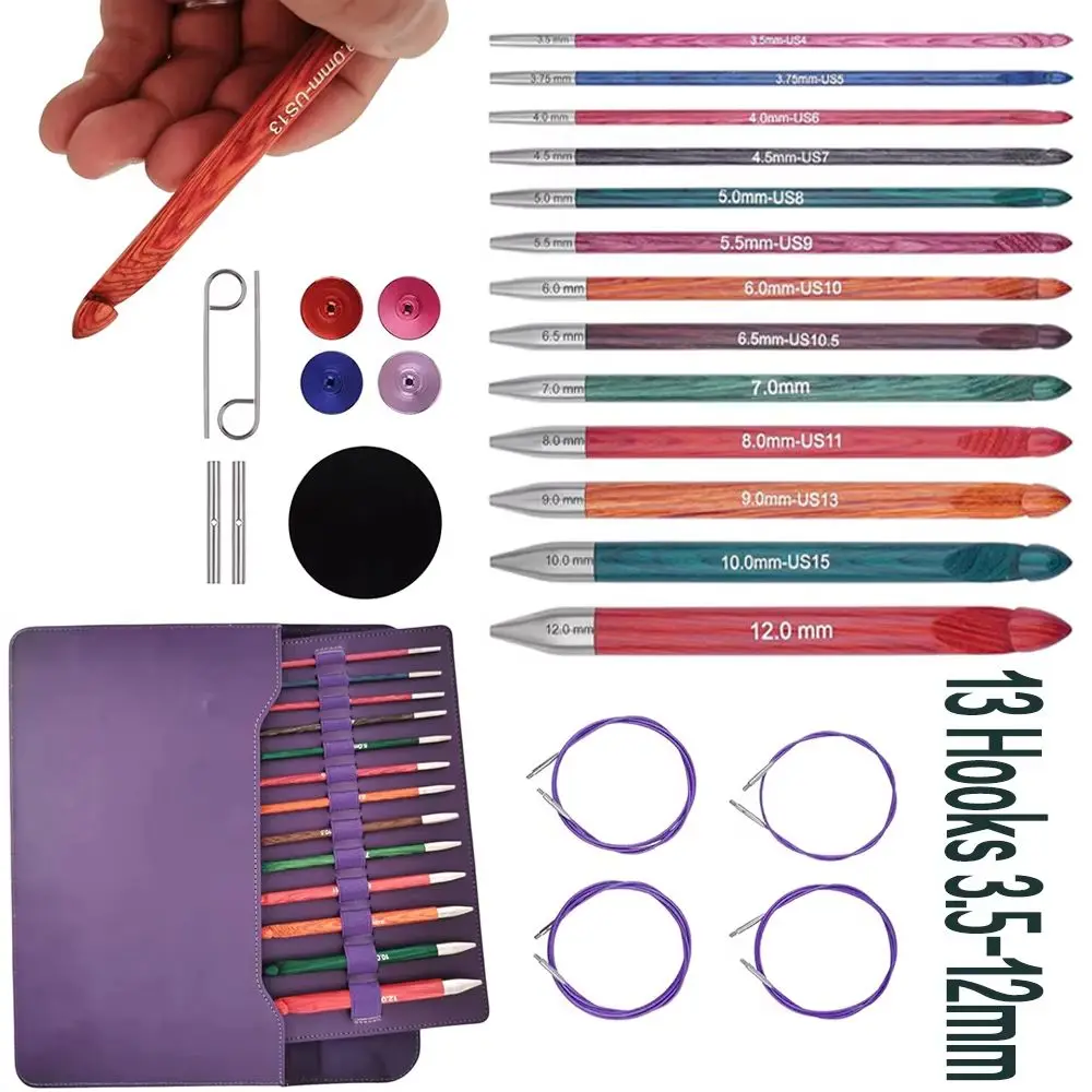 

3.5-12.0mm Interchangeable Tunisian Wooden Crochet Hook Set Mutilcolor Circular Weaving Needle Carpet Crochet Hook Kit for Gift
