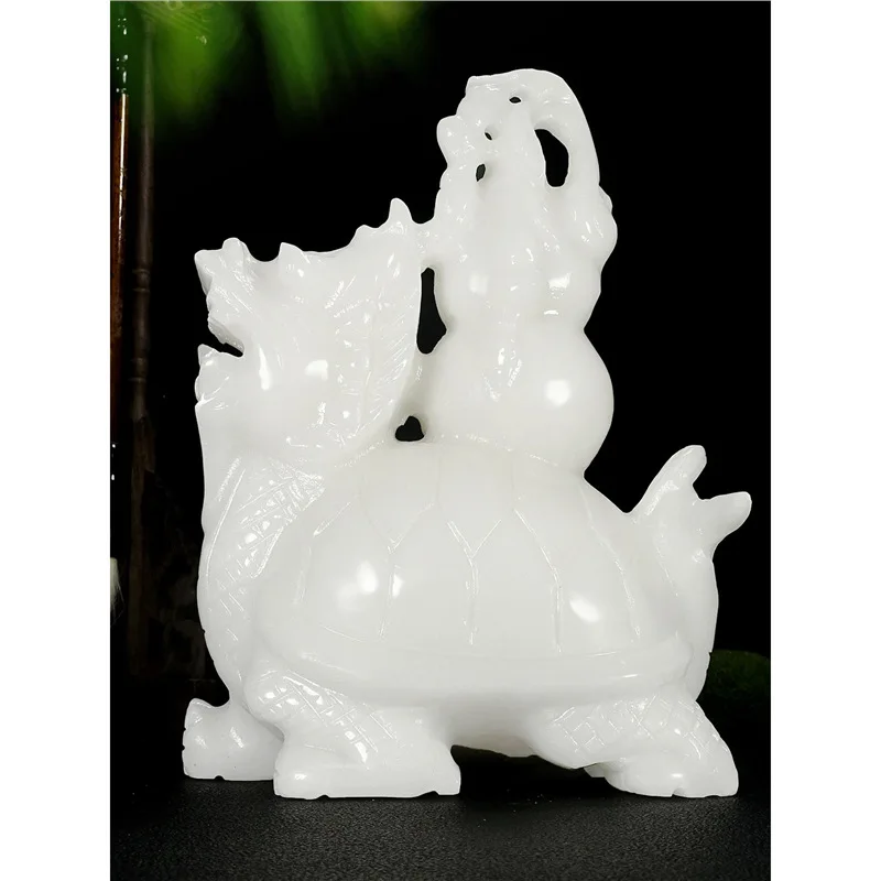 Natural white jade gourd and dragon turtle ornaments for fortune, prosperity, longevity, wealth, home protection, living room, s