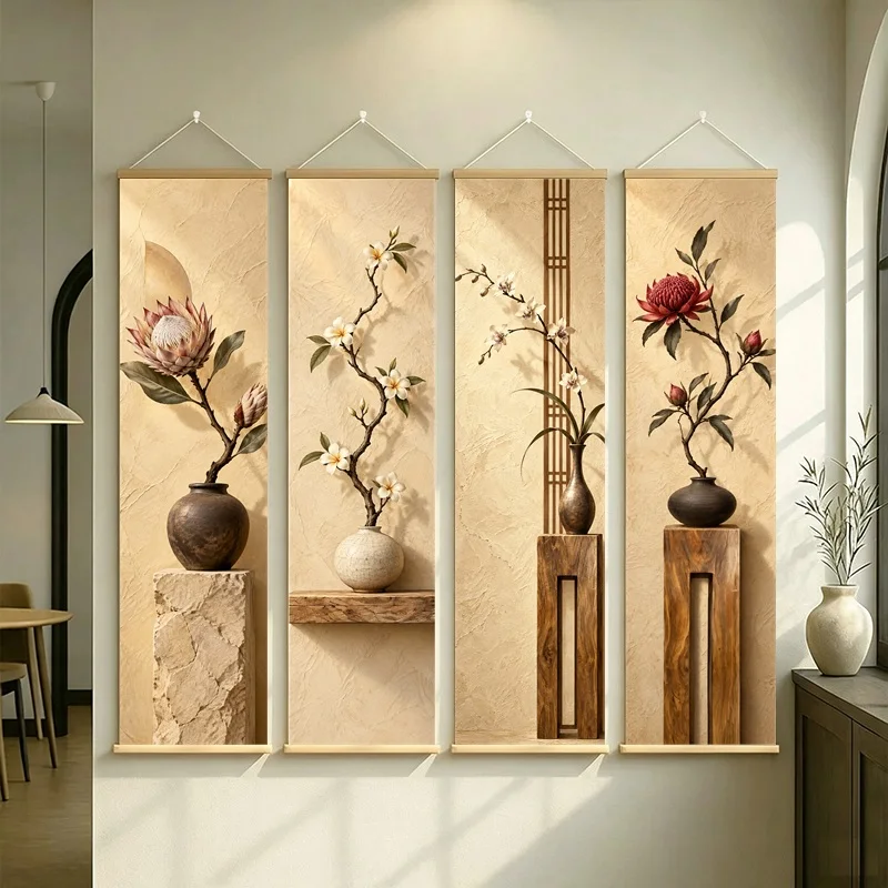 Wall Decor King Protea and Plumeria, Natural Wabi-Sabi Botanical Silver Shimmer Canvas Hanging Scroll for Meditation Room