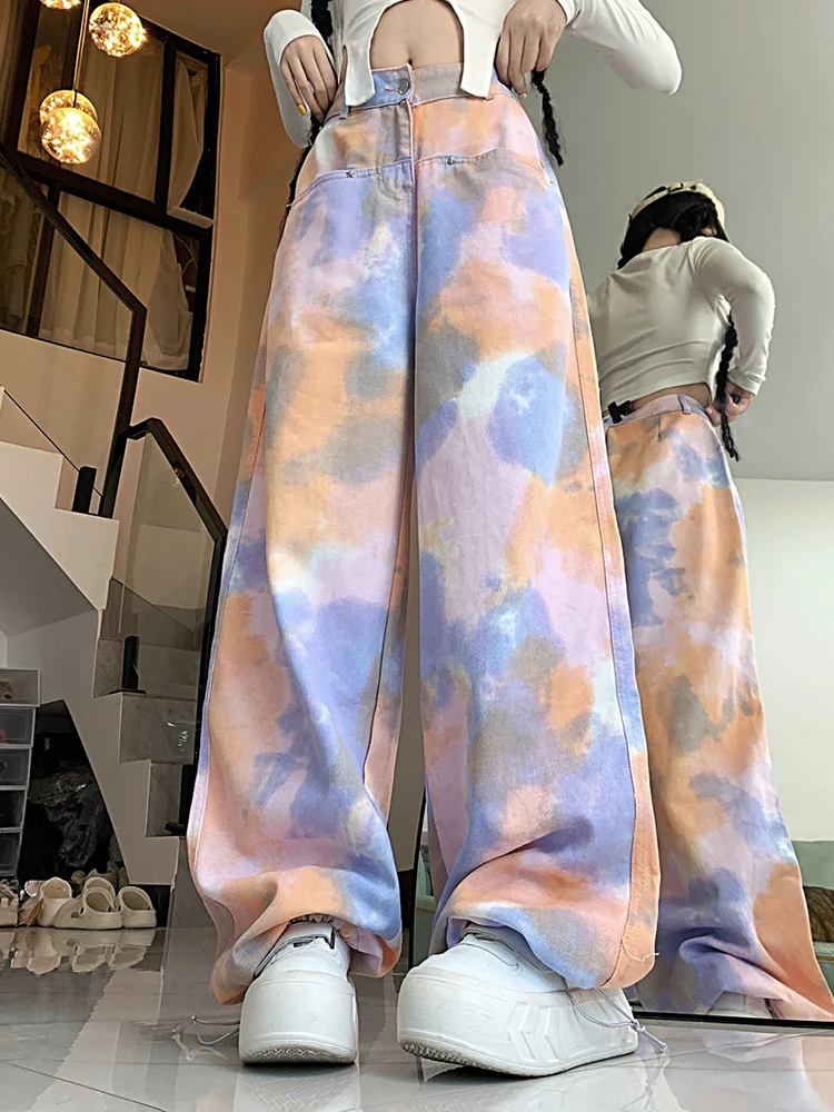 

Colorful printed cross dyed workwear pants, niche heavy industry casual wide leg pants wide leg pants women streetwear