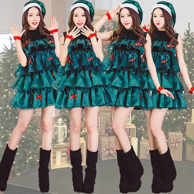 Vestido sin mangas de Navidad para mujer, disfraz de árbol de Navidad verde, disfraces de fiesta, actuación en escenario, vestido elegante
