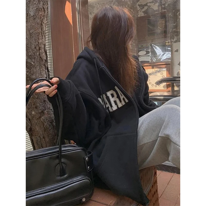 MEXZT Streetwear Zip Up Hoodies Women Oversized Letter Print Sweatshirt Harajuku Korean Plus Fleece Thick Casual All Match Tops