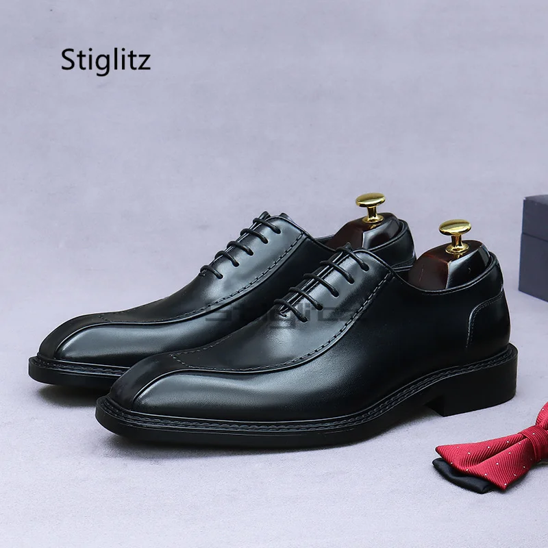

Genuine Leather Lace Up Men's Dress Shoes Square Toe Business Italian Handmade High Quality Oxfords Casual Office Formal Shoes