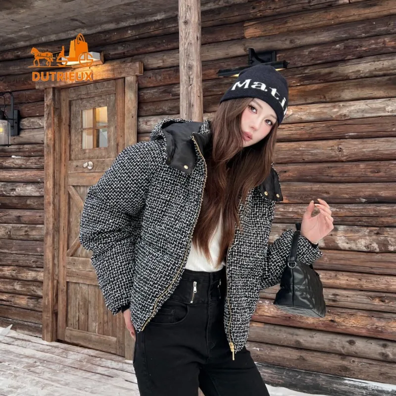 2024 Winter New Coat for Women,snowflake Woven Down Jacket with Hood Short Wool Tweed Warm Top Fashionable Thick Jacket for Work