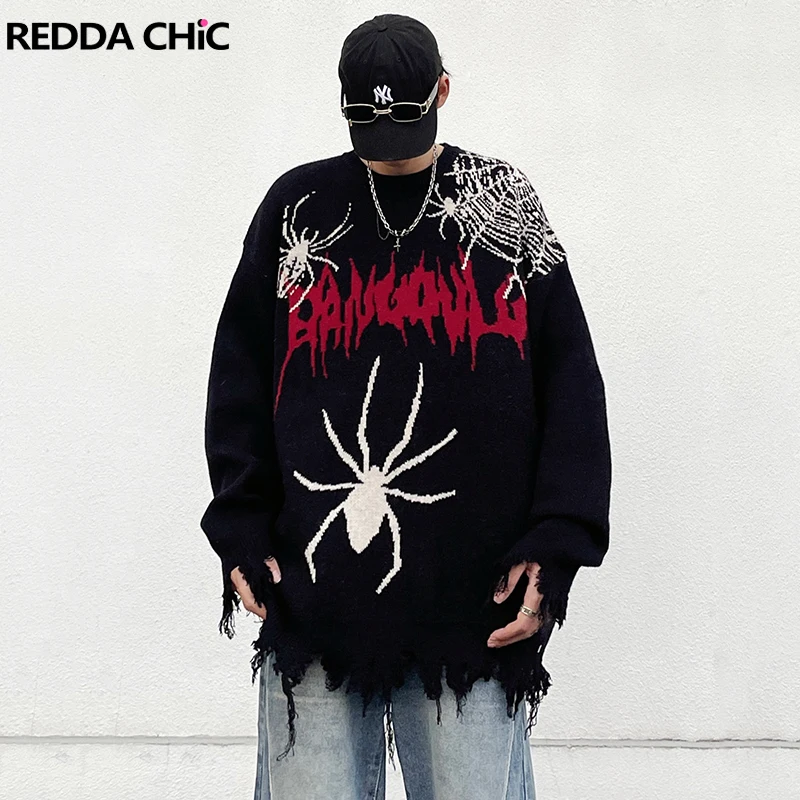 REDDACHIC Men's Tassels Hem Spider Jumper Casual Oversized Top Long Sleeves Destoryed Knit Sweater Punk Retro Grunge Streetwear