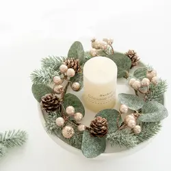 Artificial Flower Candle Wreath Garland Romantic Candle Rings Pinecone Green Leaf Candlestick Wreath Christmas Decor