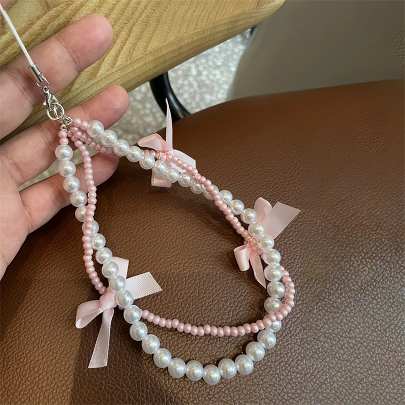 Korean Y2K Cute Pink Black Bow Beaded Phone Chain Charm Lanyard For iPhone Samsung Huawei Universal Accessories Jewelry Pendant