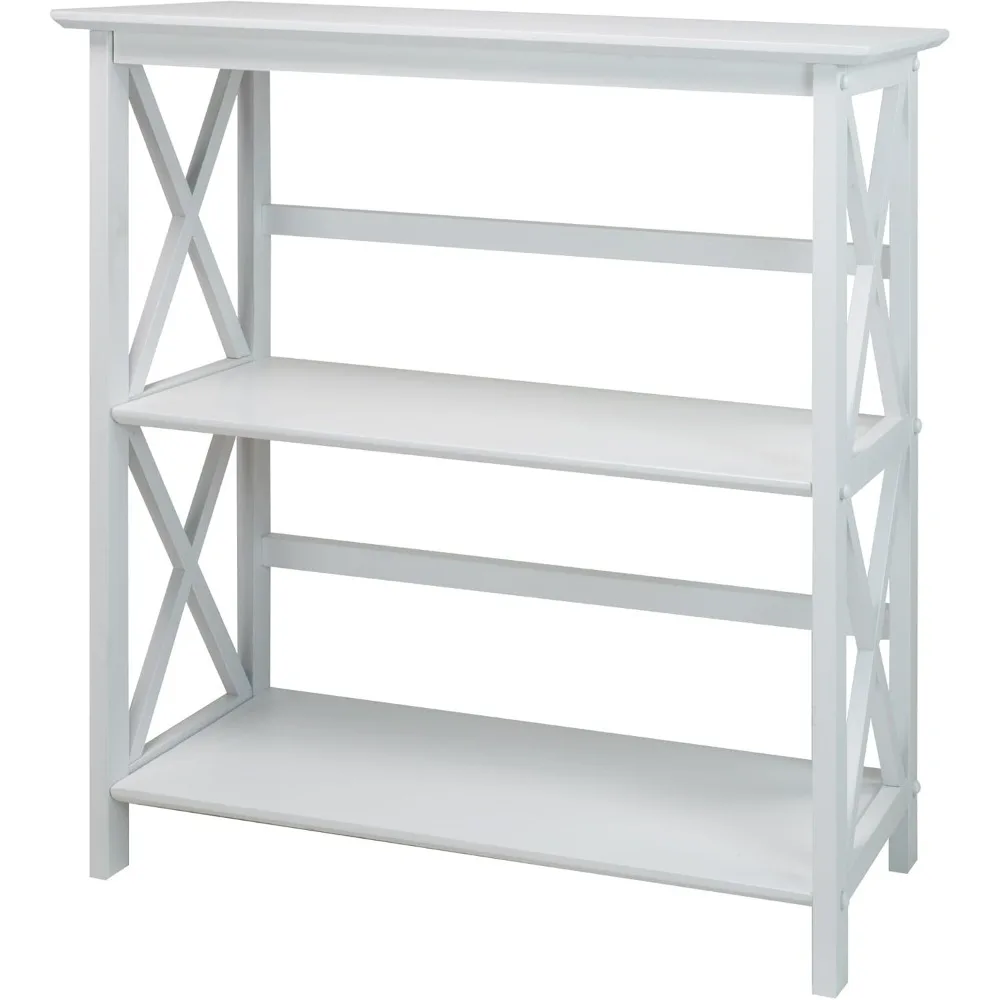Modern White 3-Shelf Bookcase with X-Design, Easy Assembly for Home Office Storage
