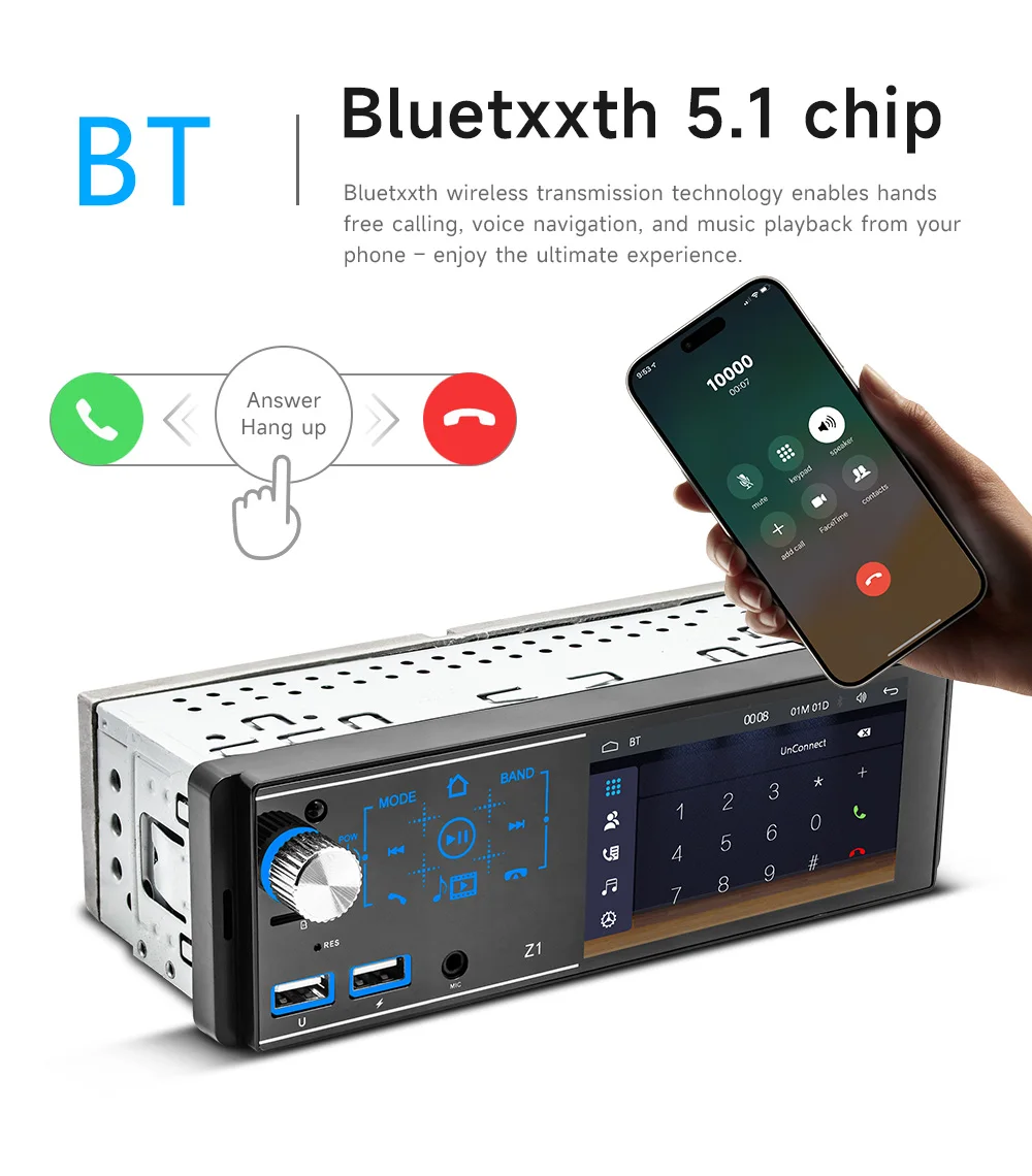 BQCC 4.1 Inch 1DIN 60Wx4 Car MP5 Bluetooth Player with Apple Carplay Android Auto Support USB & SD Card 7 Color Light