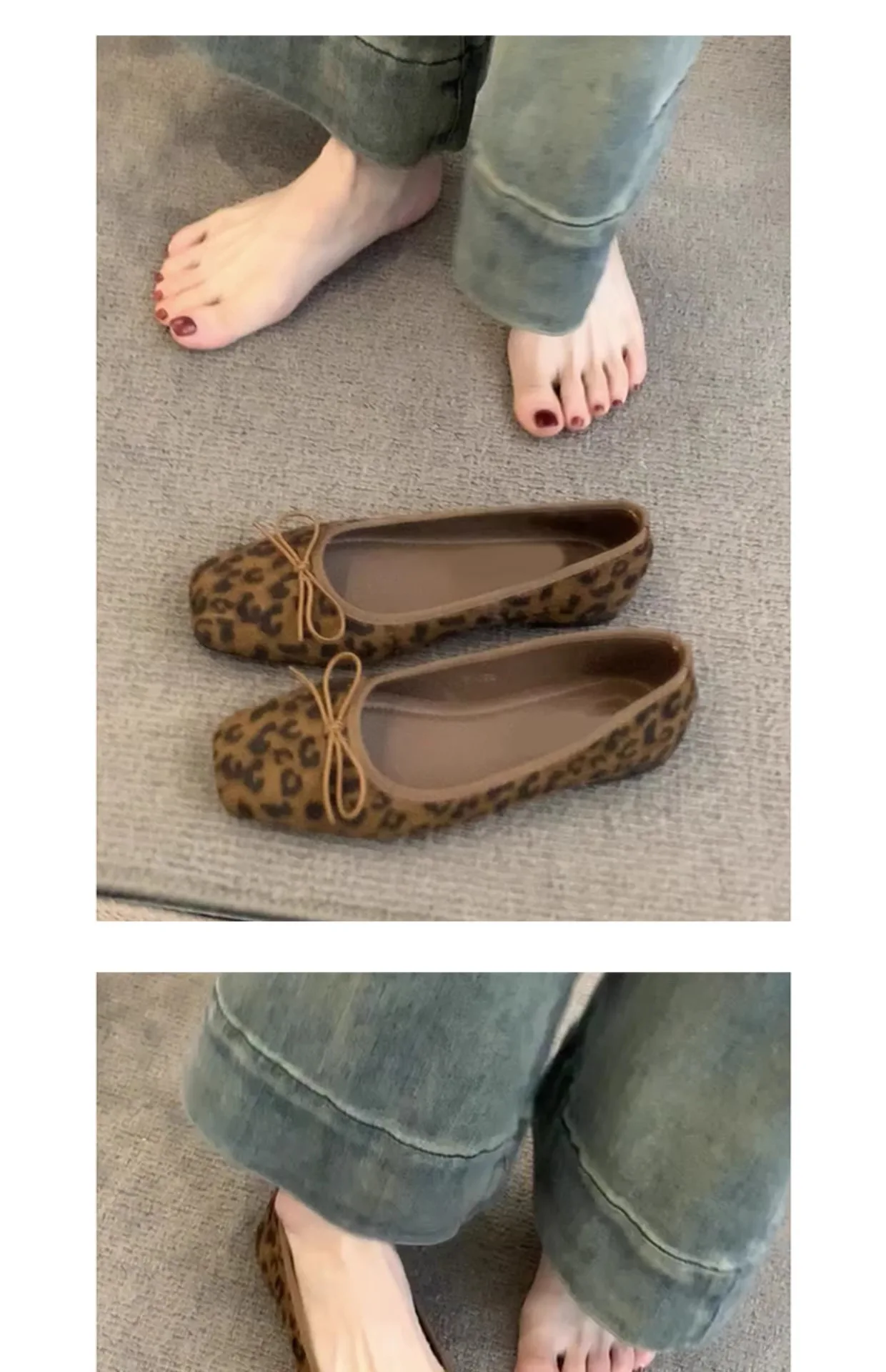 Damen-Ballerinas mit Leopardenmuster, eckiger Zehenpartie und Schleifendekoration, lässige Alltagsschuhe für Damen – Detail 13