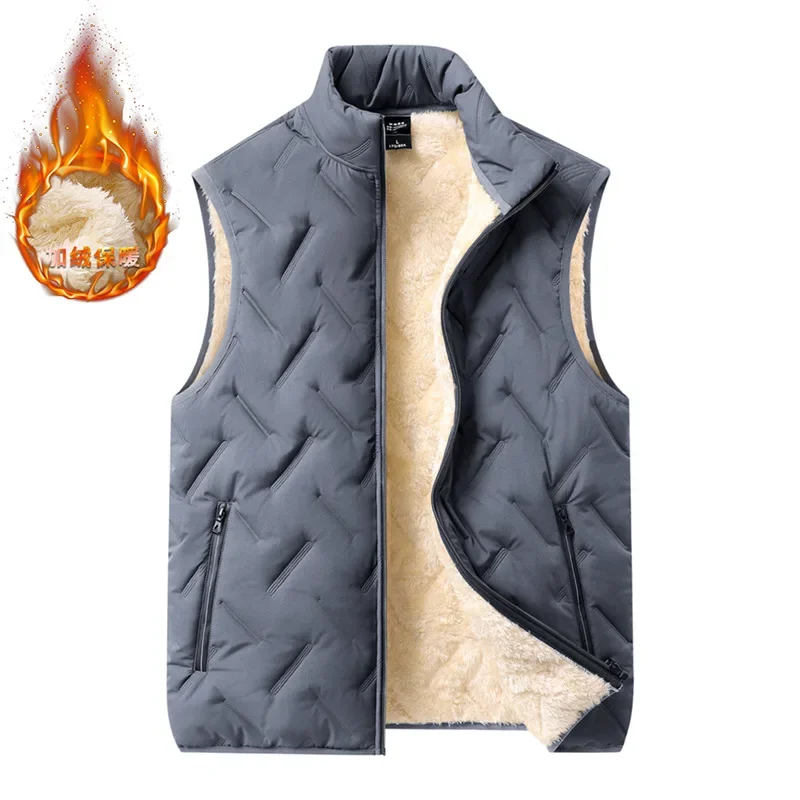 Autumn Winter Lamb Velvet Vest Windproof Thick Warm Vest with Vertical Collar Velvet Jacket Middle-aged Men Women Waterproof