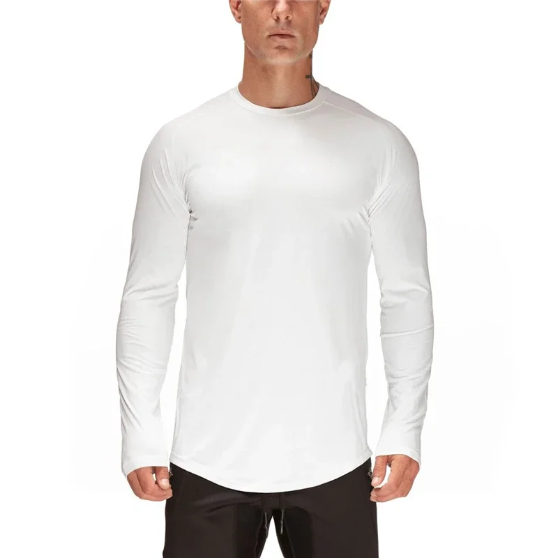 Brand Mesh T Shirt Men Fitness Long Sleeve T-shirt solid extend long Slim Fit Tees Gym Clothing Bodybuilding Tshirt Male