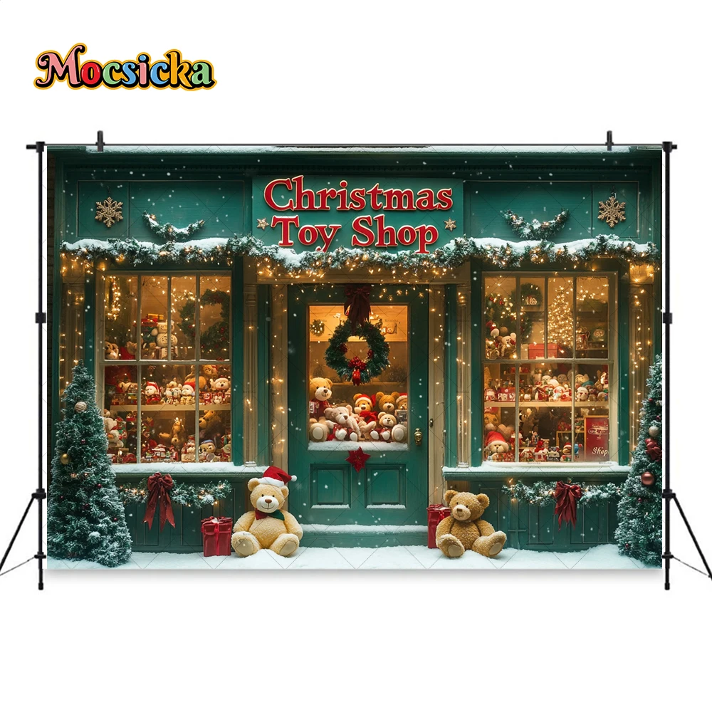 Green Christmas Shop Background Photography Glitter Santa Gift Workshops Toy Bear Backdrop Decor Winter Snowy Kids Photo Studio
