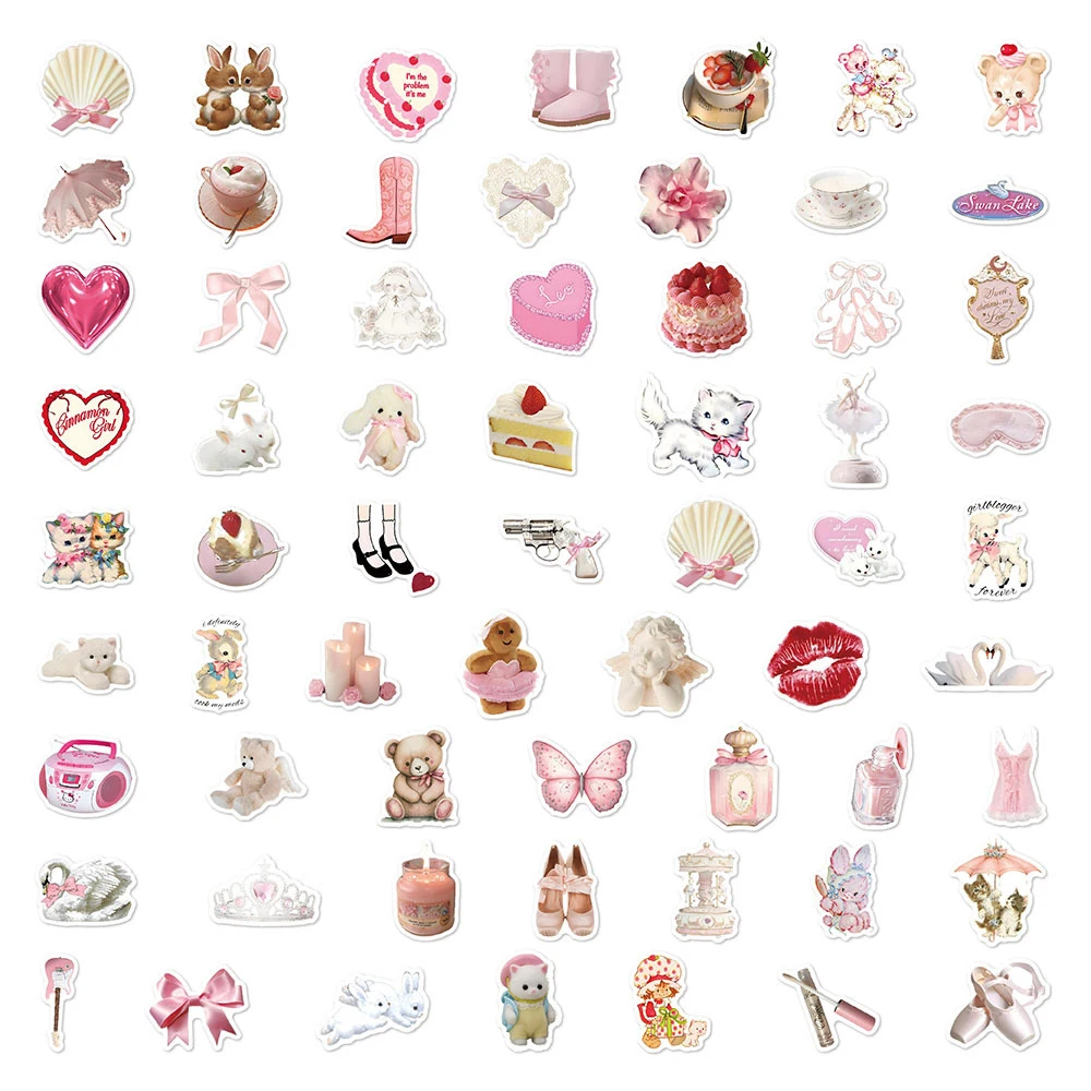 10/30/50pcs Ins Pink Coquette Stickers Aesthetic Kawaii Decals DIY Suitcase Notebook Stationery Cartoon Decal Sticker Packs