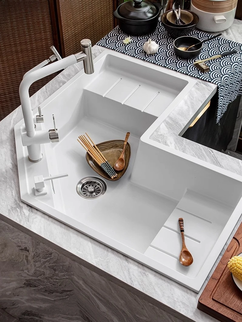

Kitchen quartz stone corner sink corner vegetable basin L-shaped special-shaped large single tank drain set menu